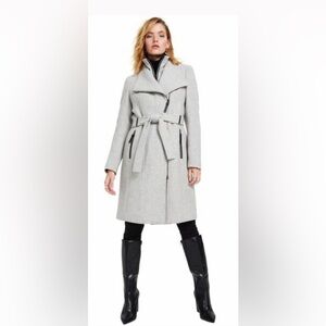 Calvin Klein Collection Plum Wool Wrap Coat Dramatic Collar Belted XL Mauve Belt